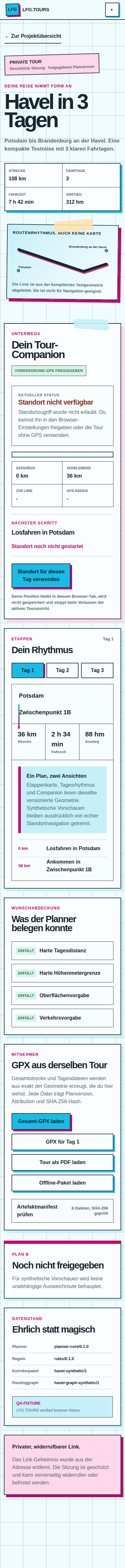 Mobile LFG.TOURS Begleitung mit Tagesrhythmus, Standortstatus und nächsten Schritten